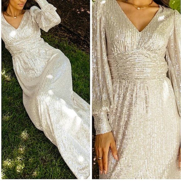 SIlver Sequin Long Sleeve Formal Maxi Dress - Picture 5 of 5